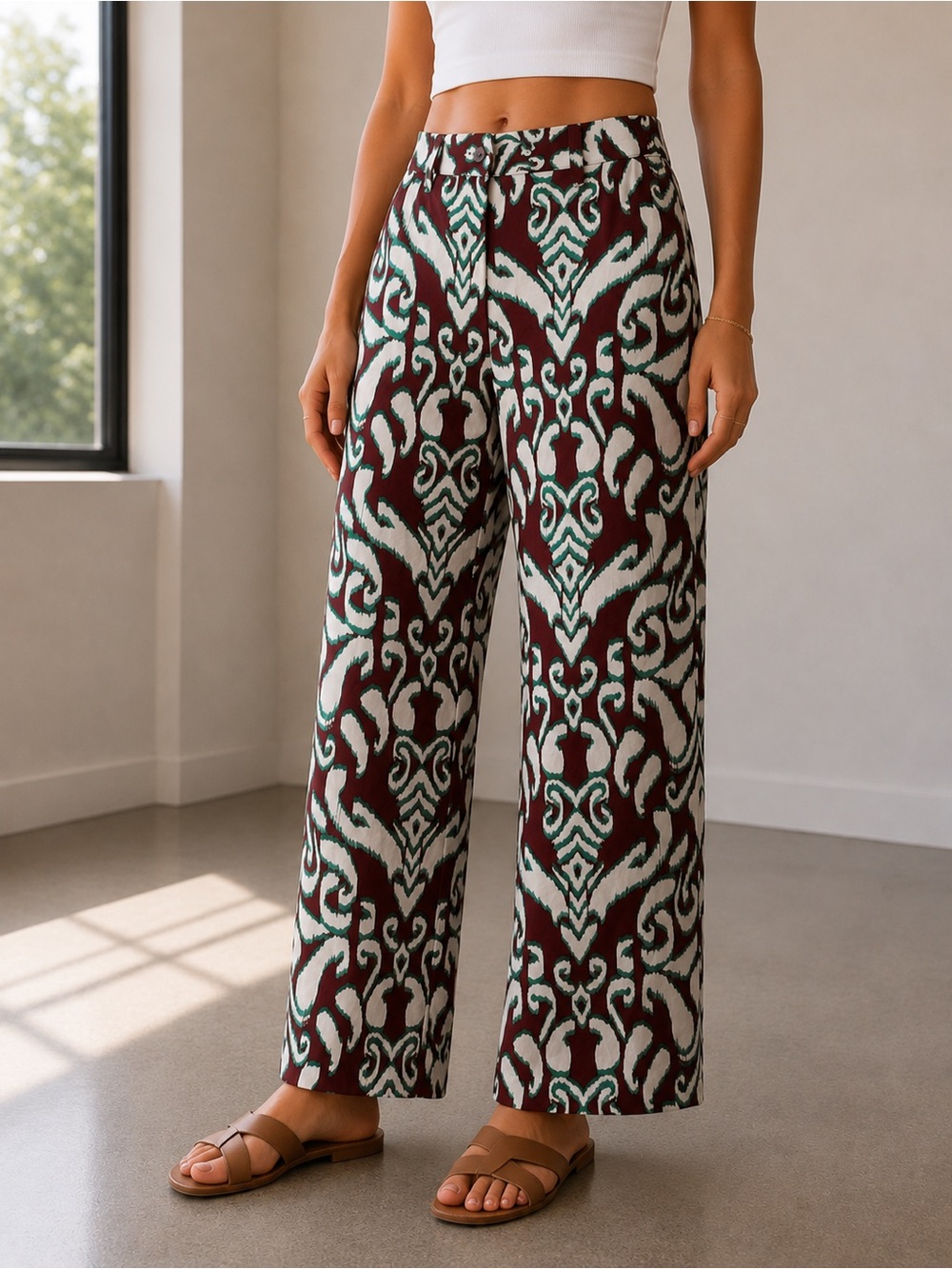 Zara Brown and Green Straight-Leg Printed Pants